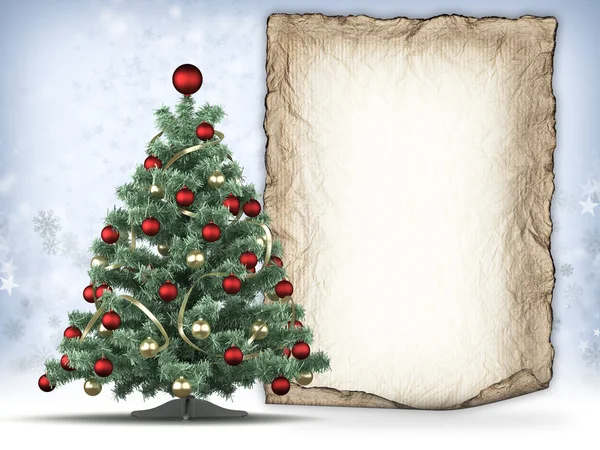 Xmas achtergrond - kerstboom en handgeschept papier blad — Stockfoto