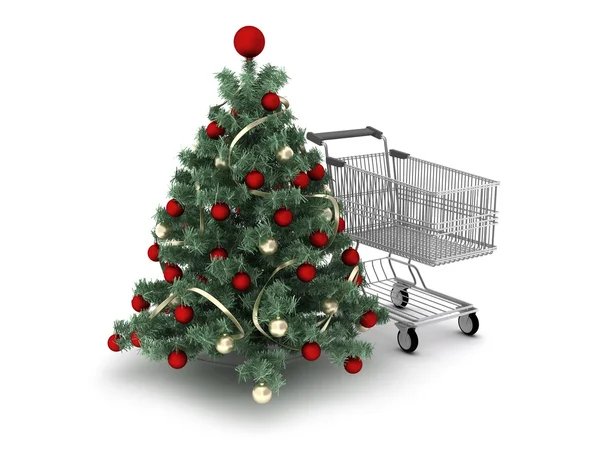 Christmas tree and shopping cart on white background — Stock Photo, Image