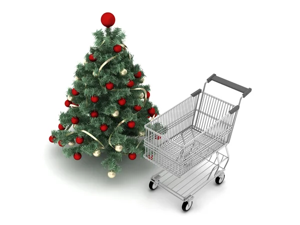 Christmas tree and shopping cart isolated on white — Stock Photo, Image