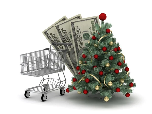 Shopping cart, dollar bills and christmas tree — Stock Photo, Image