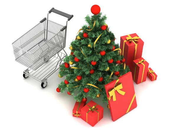 Christmas gifts - shopping cart, gifts and christmas tree — Stock Photo, Image