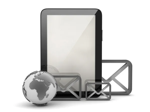 Earth globe, tablet computer and envelopes — Stock Photo, Image