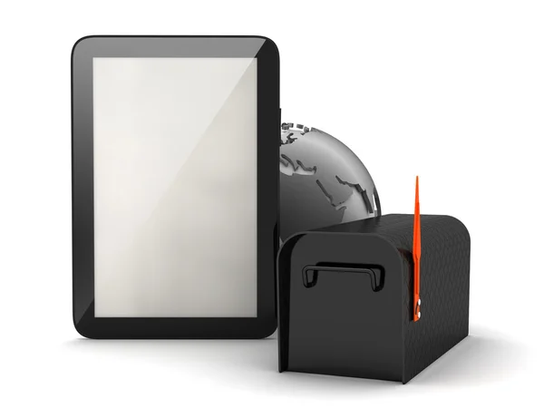 Tablet bilgisayar, dünya Küre ve beyaz backgrou üzerindeki siyah posta — Stok fotoğraf
