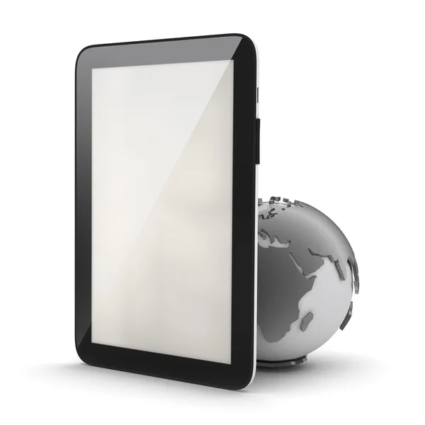 Tablet PC computer en earth globe op witte achtergrond — Stockfoto