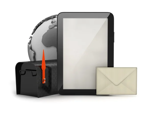 Tablet bilgisayar, zarf ve posta kutusu — Stok fotoğraf