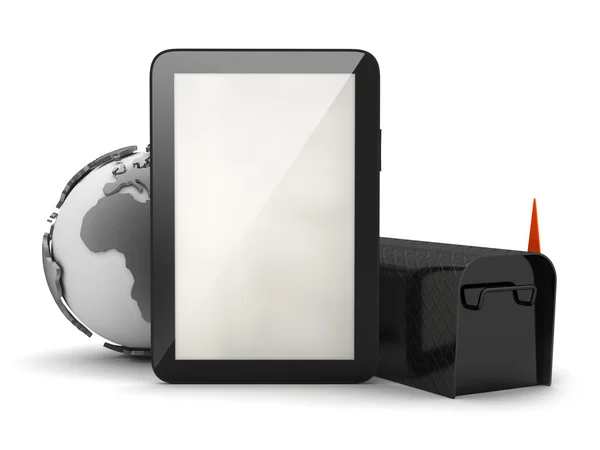 Tablet computer, earth globe and black mailbox on white backgrou — Stock Photo, Image