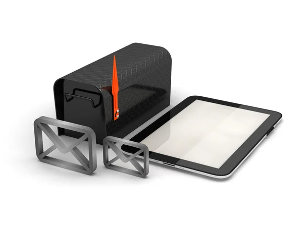 Envelopes, tablet computer and steel mailbox — Stock Photo, Image