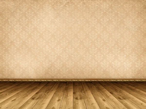 Interior background - wooden floor and vintage wallpaper — Stock Photo, Image