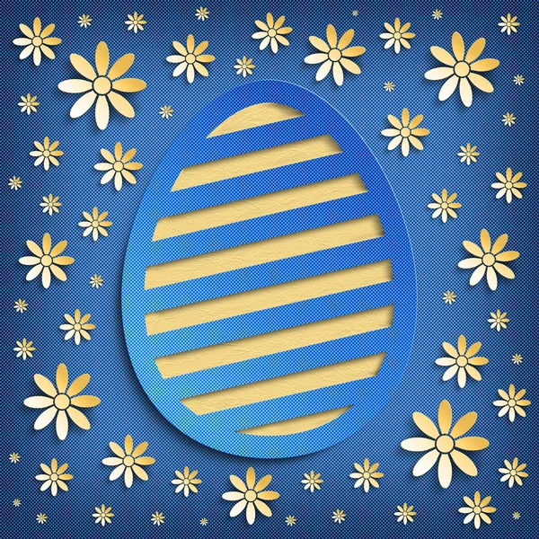 Happy Easter greeting card - blue and yellow egg and flowers — Stock Photo, Image