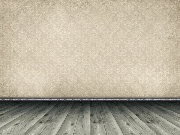 Wooden floor and vintage patterned wallpaper — Stock Photo, Image