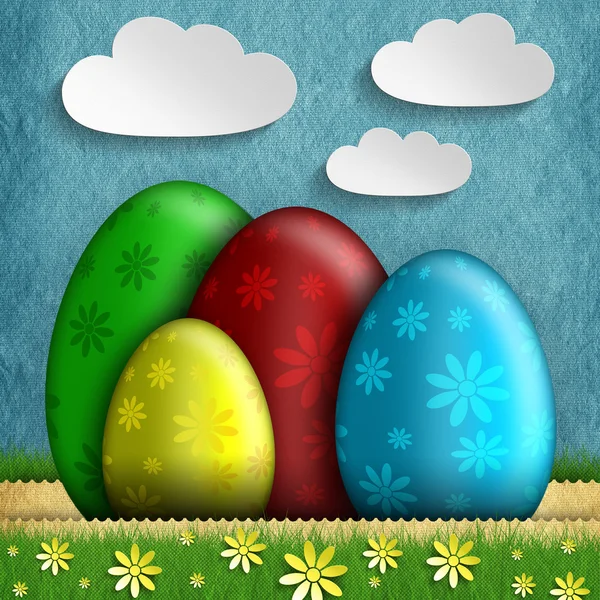 Frohe Ostern Grußkarte - bunte Eier und Blumen — Stockfoto