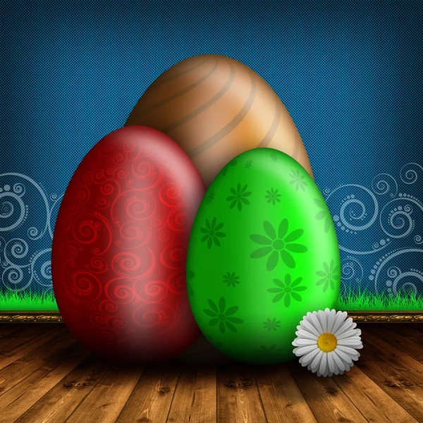 Цветные пасхальные яйца на деревянном полу и голубой узорчатый бэкгрун — стоковое фото