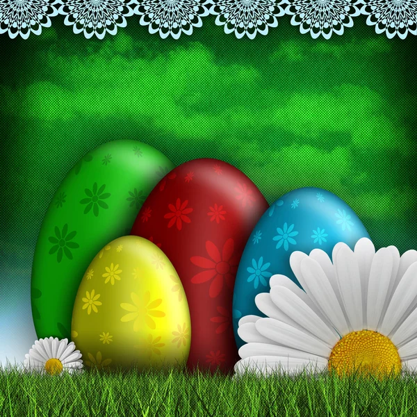 Colored Easter eggs and spring flowers — Stock Photo, Image