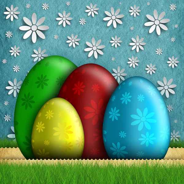 Colored Easter eggs and white flowers on background — Stock Photo, Image