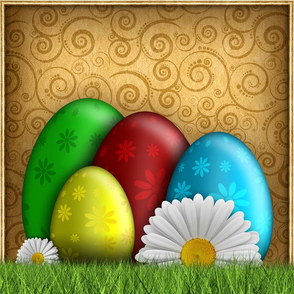 Colored Easter eggs and spring flowers on patterned background — Stock Photo, Image