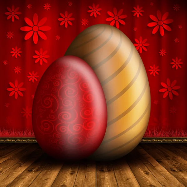 Κόκκινα και χρυσά αυγά στο ξύλινο πάτωμα και κόκκινο φόντο — Φωτογραφία Αρχείου