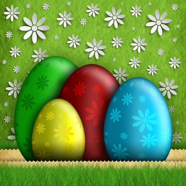 Wesołych Świąt - kolorowe jajka na zielonym tle — Zdjęcie stockowe