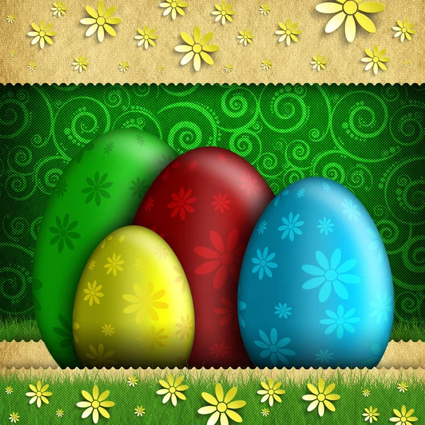Barevné velikonoční vajíčka a jarní květiny — Stock fotografie