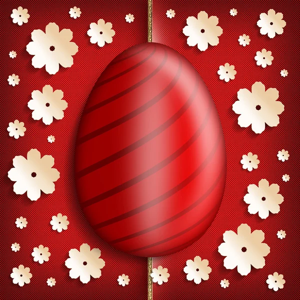 Easter egg and paper flowers on red background — Stock Photo, Image