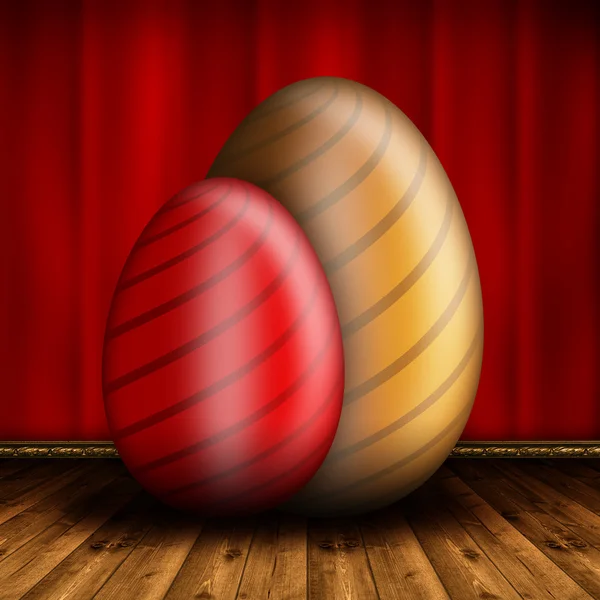 Feliz Pascua - Dos huevos de Pascua en el suelo de madera y fondo rojo —  Fotos de Stock