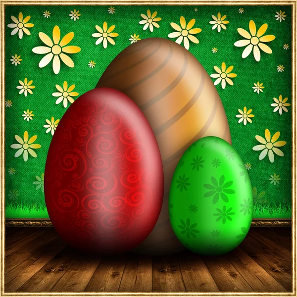 Colored Easter eggs on wooden floor and green background — Stock Photo, Image