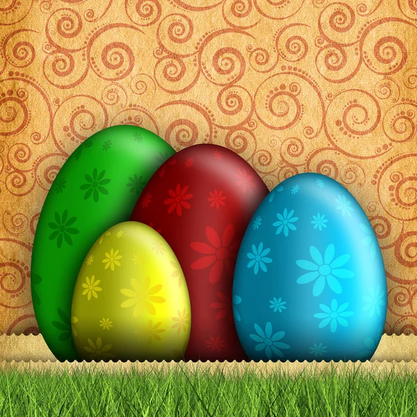 Happy Velikonoční přání - barevné vejce na vzorované pozadí — Stock fotografie
