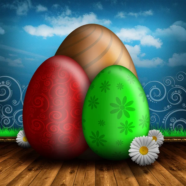 Happy Easter - Colored eggs on wooden floor — Stock Photo, Image