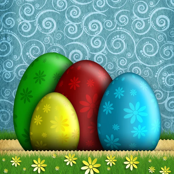 Huevos de Pascua de colores sobre fondo estampado — Foto de Stock