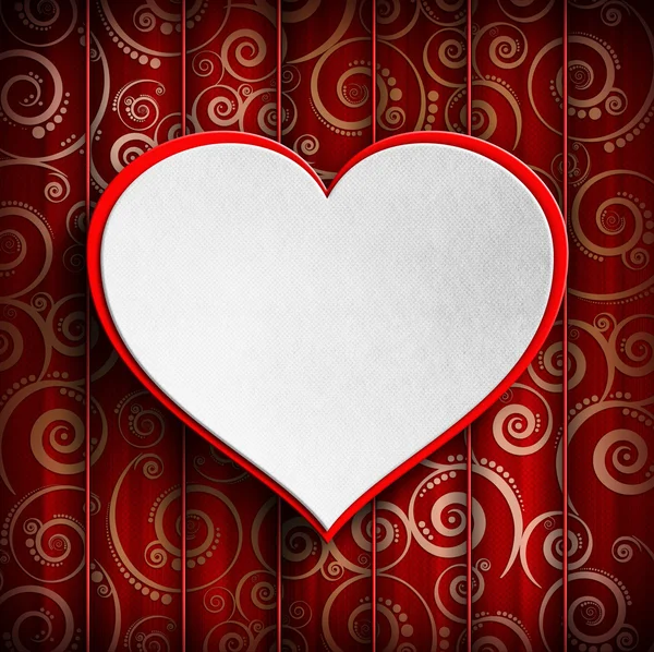 Bílé srdce v červeném rámečku na červeném vzorované pozadí — Stock fotografie