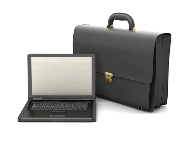 Mala de negócios e laptop no fundo branco — Fotografia de Stock