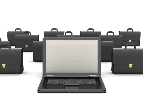 Laptopcomputer en zwarte aktetassen op achtergrond — Stockfoto