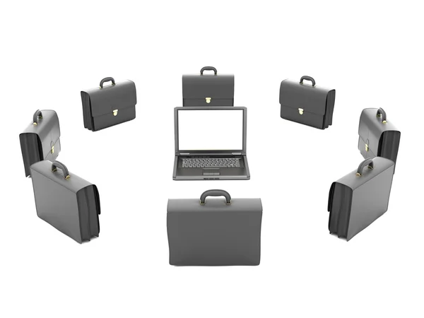 Laptop and business briefcases on white background — Stock Photo, Image