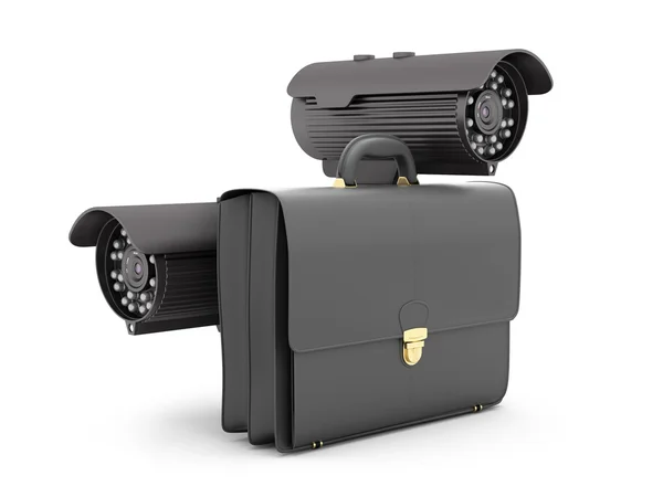 Two security cameras and business briefcase on white background — Stock Photo, Image