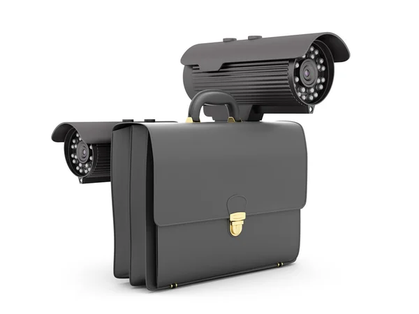 Two surveillance video cameras and business briefcase — Stock Photo, Image