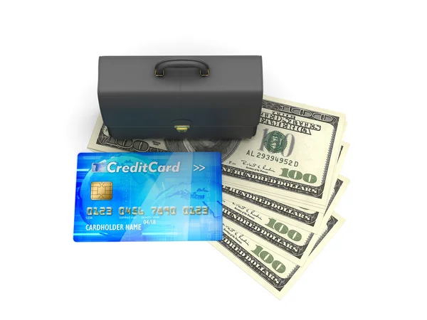 Mala de negócios, cartão de crédito e notas de dólar isolados no whi — Fotografia de Stock
