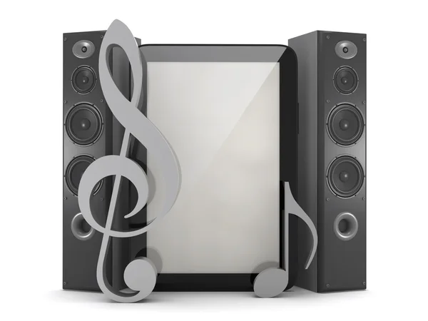 Multimedia in a tablet computer - tablet and speakers — Stock Photo, Image