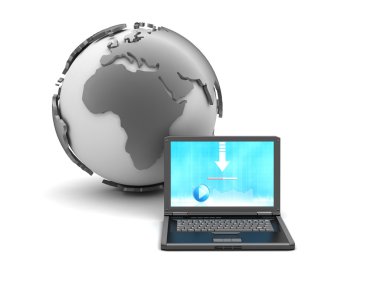 Beyaz arka plan üzerinde laptop ve dünya dünya