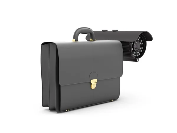 Security camera and business briefcase on white background — Stock Photo, Image