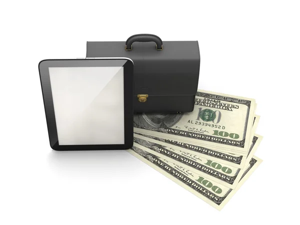 Tablet computer, leather briefcase and dollar bills — Stock Photo, Image