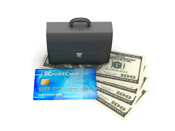 Business briefcase, credit card en dollarbiljetten geïsoleerd op whi — Stockfoto