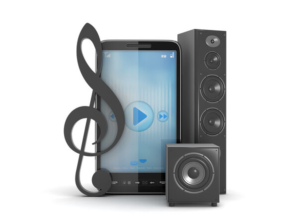 Cell phone, clef and large audio speakers