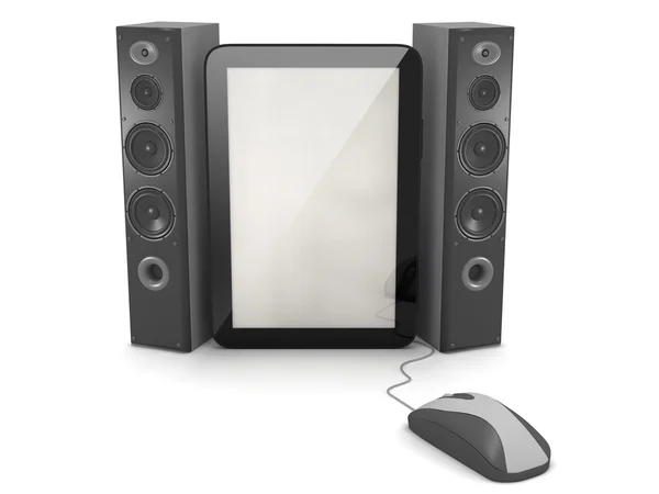 Audio speakers, tablet and computer mouse — Stock Photo, Image