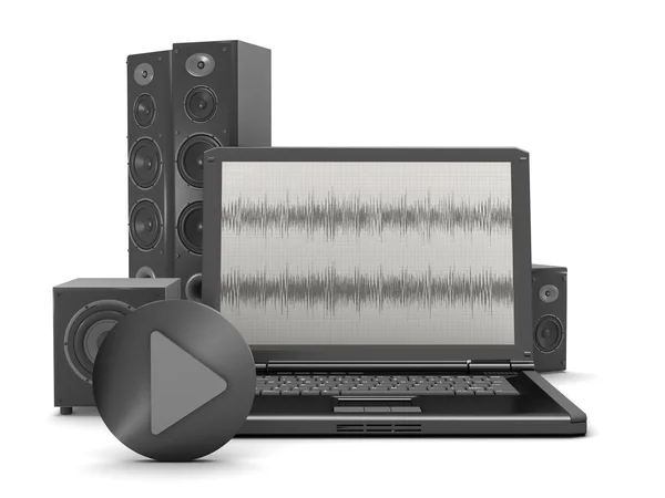 Laptop z diagramem audio na ekranie i kina domowego — Zdjęcie stockowe