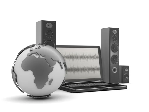 Portátil, altavoces de audio y globo terráqueo — Foto de Stock