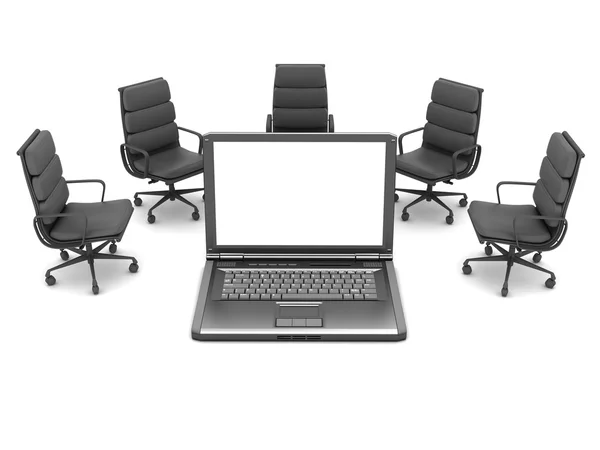 Laptop e cadeiras de escritório isolados em branco — Fotografia de Stock