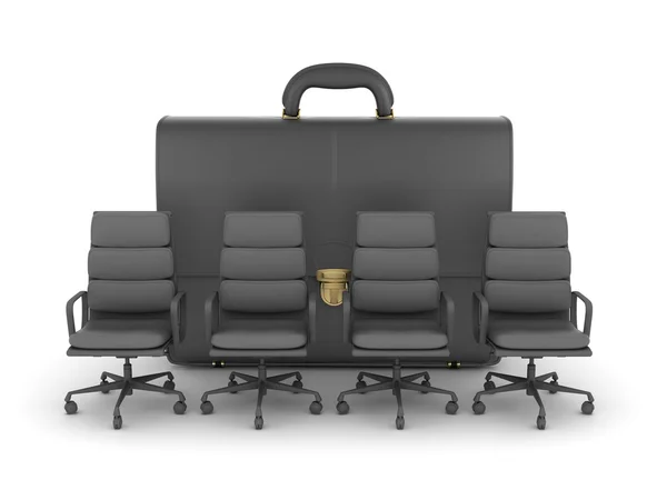 Four office chairs and leather briefcase in background — Stock Photo, Image