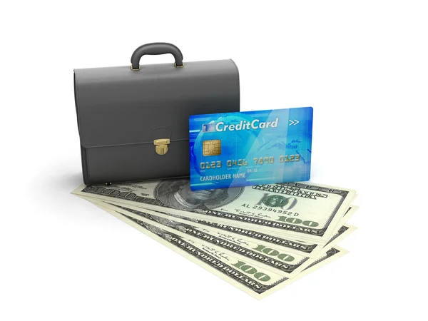 Business briefcase, credit card and dollar bills on white backgr — Stock Photo, Image