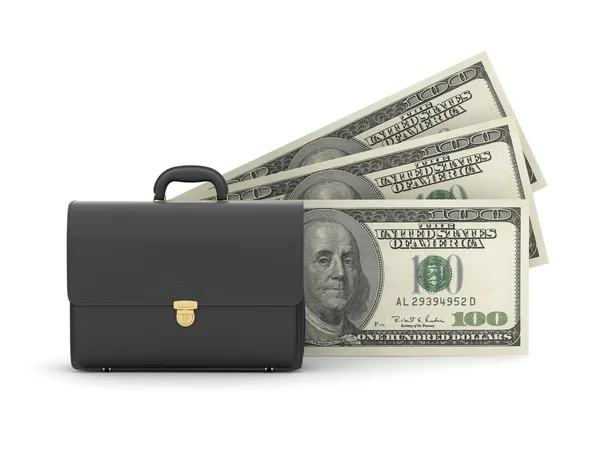 Black business briefcase and dollar bills — Stock Photo, Image