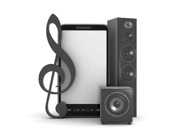 Clef, audio speakers and mobile phone — Stock Photo, Image