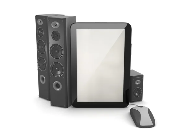 Home theatre system and tablet computer with mouse — Stock Photo, Image